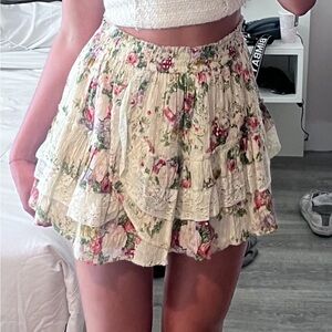 LoveShackFancy Cream Floral Mini Skirt